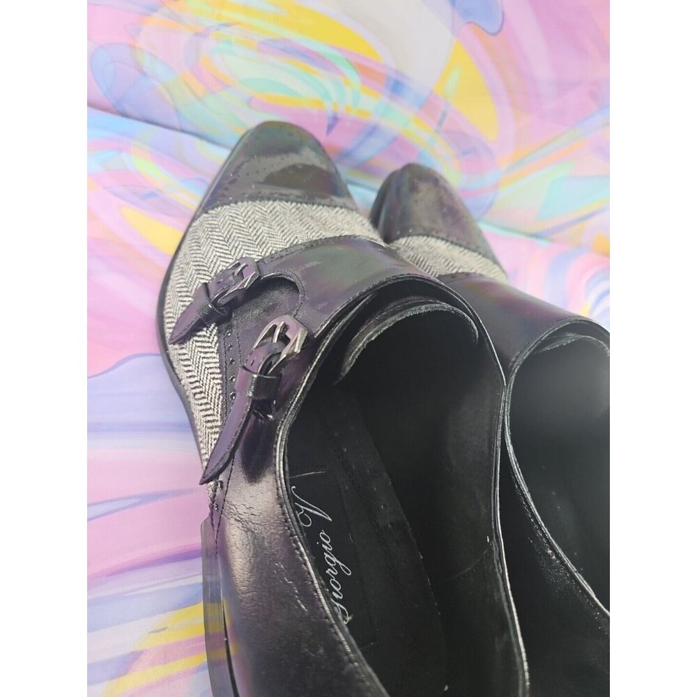 Giorgio V. Men's Sq. Toe Leather Tweed Upper Black Dress Shoes, Buckle, Sz 12 - Picture 3 of 4